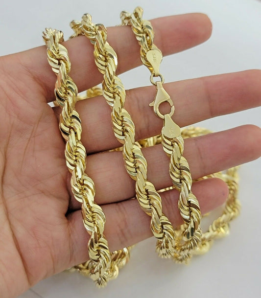 Real 10k Yellow Gold Rope Chain Solid Mens Necklace 8mm 24" Inch Diamond cut 10k - Reva Jeweler