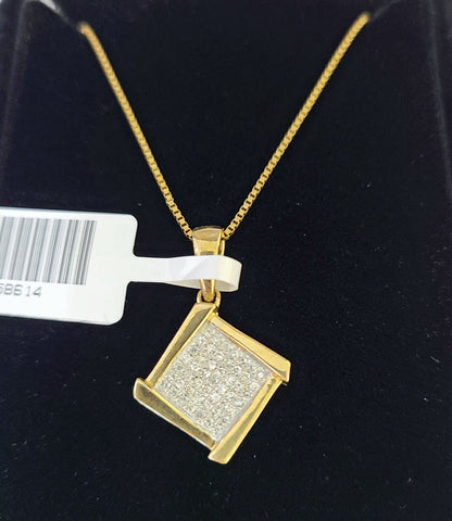 Real 10k Yellow Gold Square Diamond Pendant Box Chain Necklace Set Women - Reva Jeweler