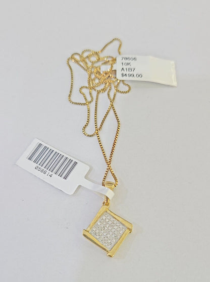 Real 10k Yellow Gold Square Diamond Pendant Box Chain Necklace Set Women - Reva Jeweler