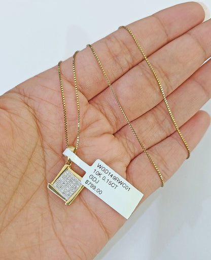 Real 10k Yellow Gold Square Diamond Pendant Box Chain Necklace Set Women - Reva Jeweler