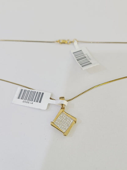 Real 10k Yellow Gold Square Diamond Pendant Box Chain Necklace Set Women - Reva Jeweler