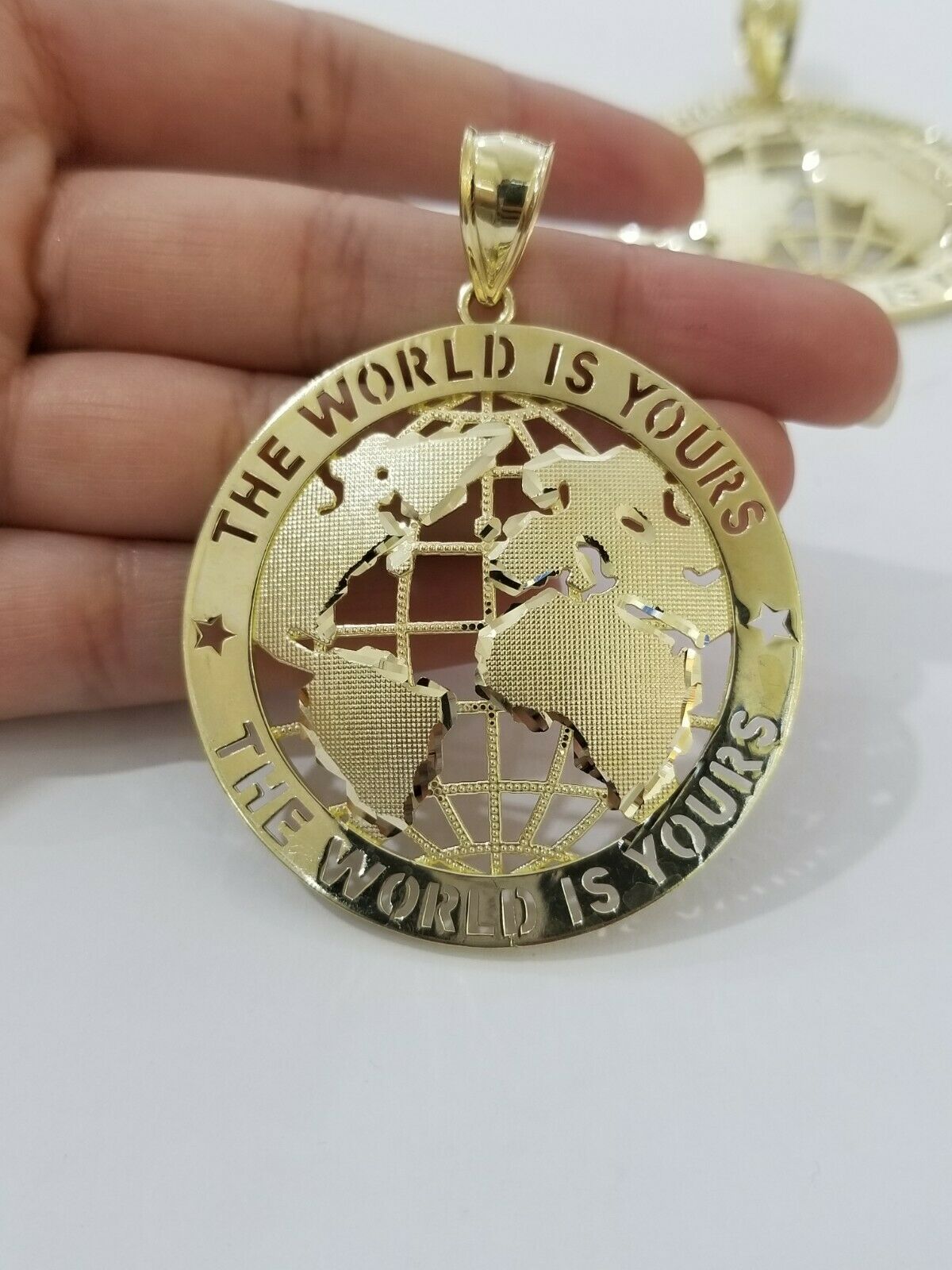 Real 10k Yellow Gold World Map Charm Pendant Ring The World Is Yours Engraved - Reva Jeweler