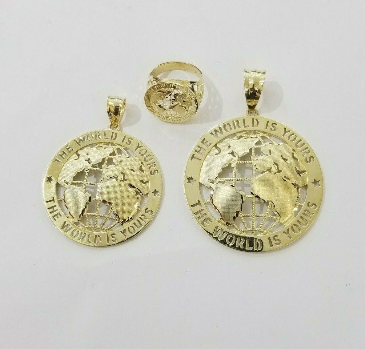 Real 10k Yellow Gold World Map Charm Pendant Ring The World Is Yours Engraved - Reva Jeweler