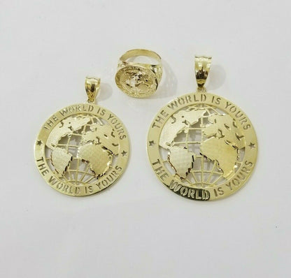 Real 10k Yellow Gold World Map Charm Pendant Ring The World Is Yours Engraved - Reva Jeweler
