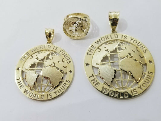 Real 10k Yellow Gold World Map Charm Pendant Ring The World Is Yours Engraved - Reva Jeweler