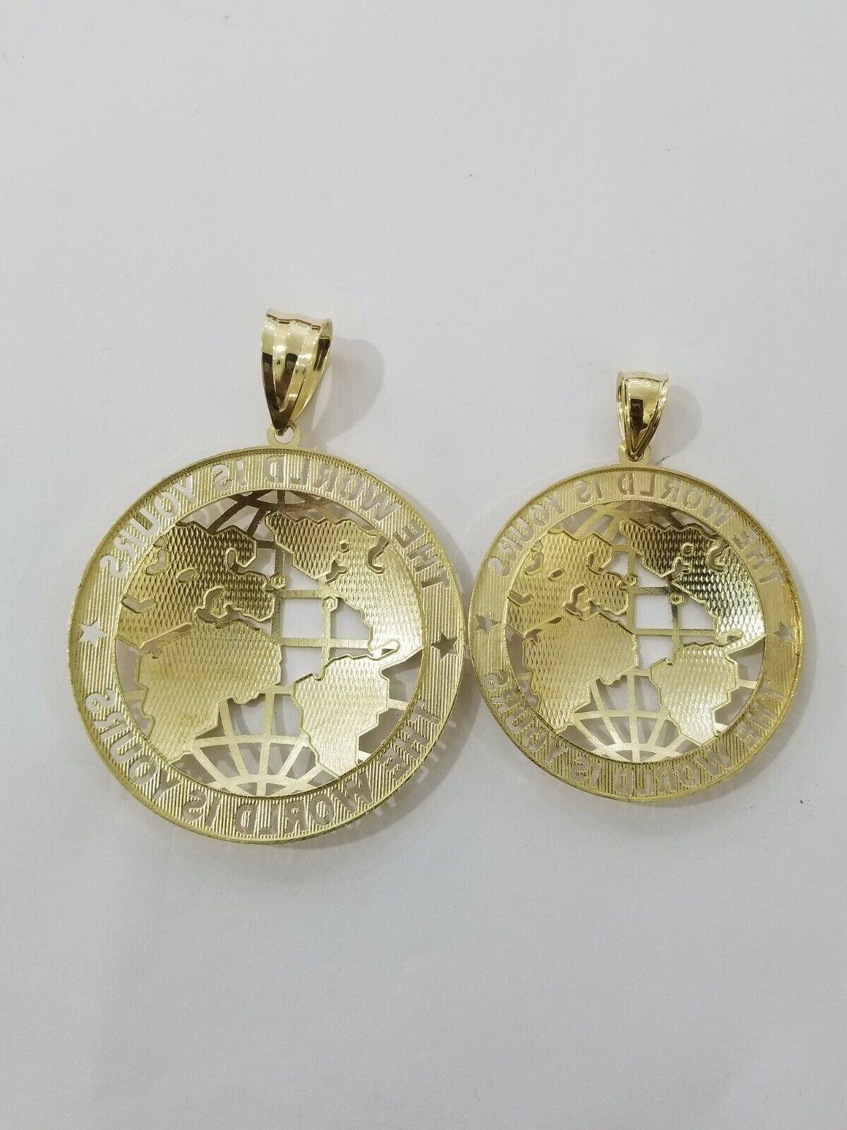 Real 10k Yellow Gold World Map Charm Pendant Ring The World Is Yours Engraved - Reva Jeweler