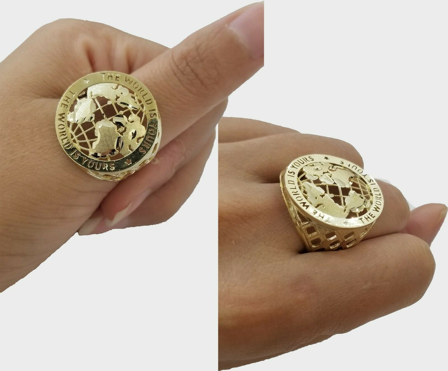 Real 10k Yellow Gold World Map Charm Pendant Ring The World Is Yours Engraved - Reva Jeweler