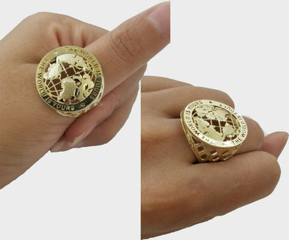 Real 10k Yellow Gold World Map Charm Pendant Ring The World Is Yours Engraved - Reva Jeweler