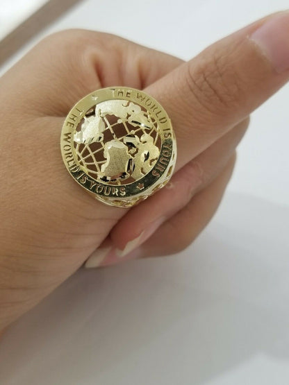 Real 10k Yellow Gold World Map Mens Ring The World Is Yours Engraved Ring Unique - Reva Jeweler