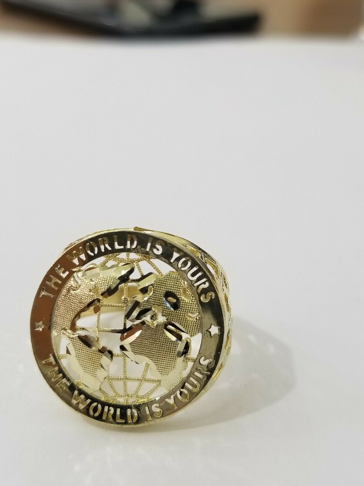 Real 10k Yellow Gold World Map Mens Ring The World Is Yours Engraved Ring Unique - Reva Jeweler