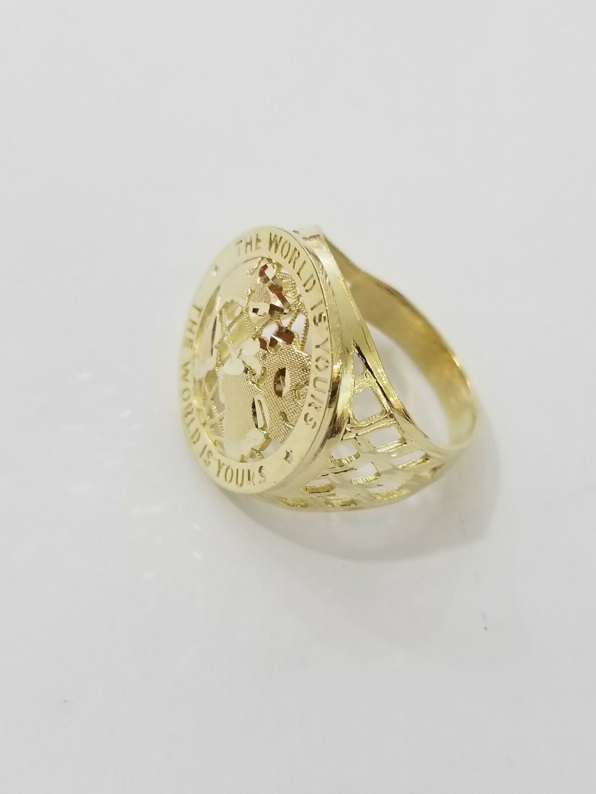 Real 10k Yellow Gold World Map Mens Ring The World Is Yours Engraved Ring Unique - Reva Jeweler