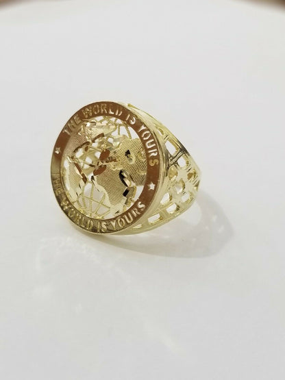 Real 10k Yellow Gold World Map Mens Ring The World Is Yours Engraved Ring Unique - Reva Jeweler