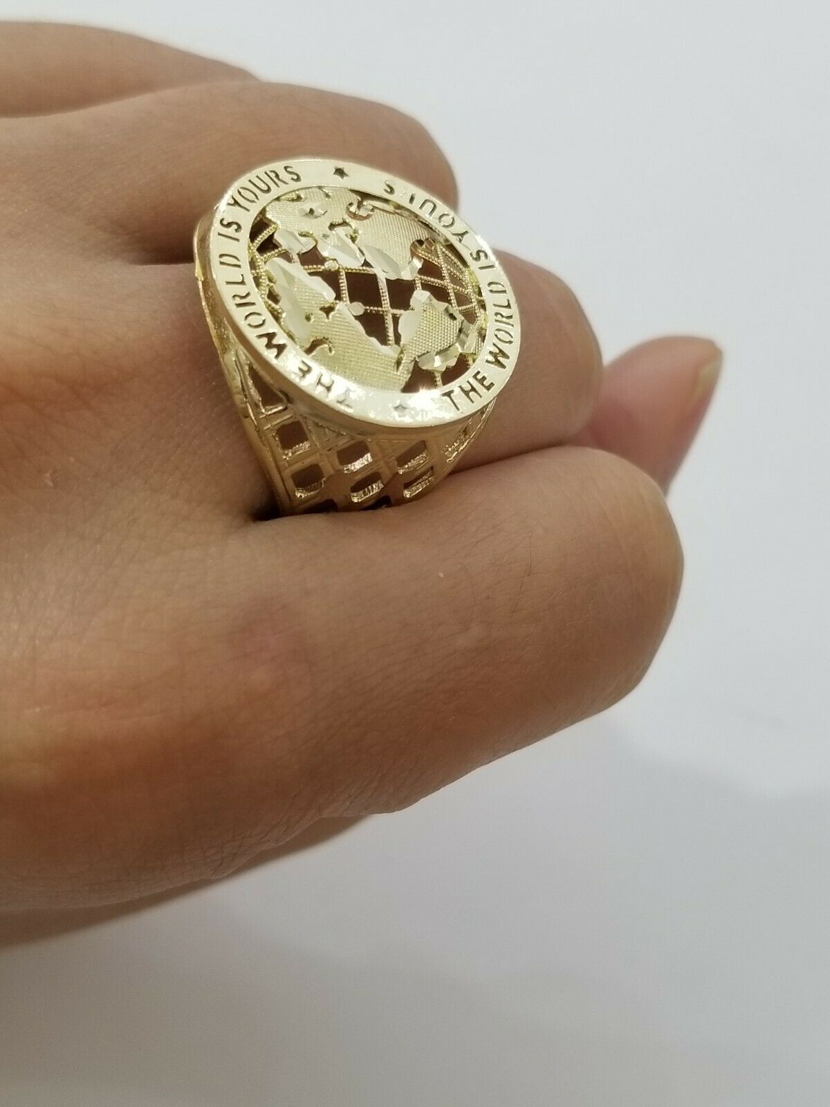 Real 10k Yellow Gold World Map Mens Ring The World Is Yours Engraved Ring Unique - Reva Jeweler