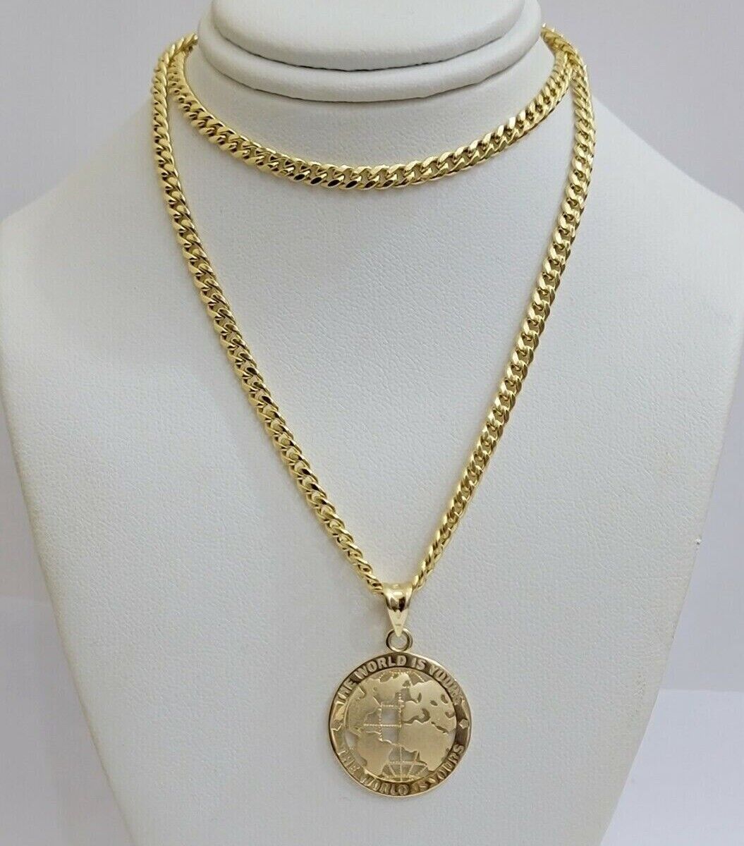 Real 10kt Gold Cuban Link Chain Pendant Set 18" 3.5mm Necklace World Map Charm - Reva Jeweler