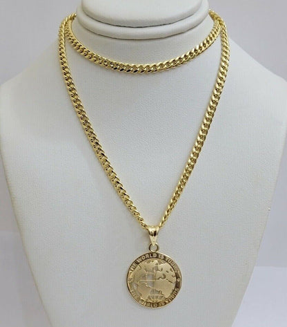 Real 10kt Gold Cuban Link Chain Pendant Set 18" 3.5mm Necklace World Map Charm - Reva Jeweler