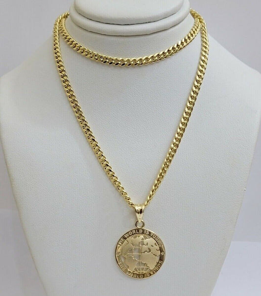Real 10kt Gold Cuban Link Chain Pendant Set 18" 3.5mm Necklace World Map Charm - Reva Jeweler