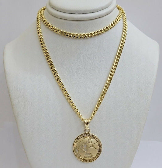 Real 10kt Gold Cuban Link Chain Pendant Set 22" 3.5mm Necklace World Map Charm - Reva Jeweler