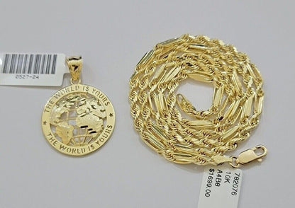 Real 10kt Gold Milano Rope Chain World Map Charm Pendant Set 18 - 24 Inch Necklace - Reva Jeweler
