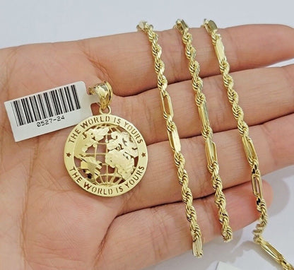 Real 10kt Gold Milano Rope Chain World Map Charm Pendant Set 18 - 24 Inch Necklace - Reva Jeweler