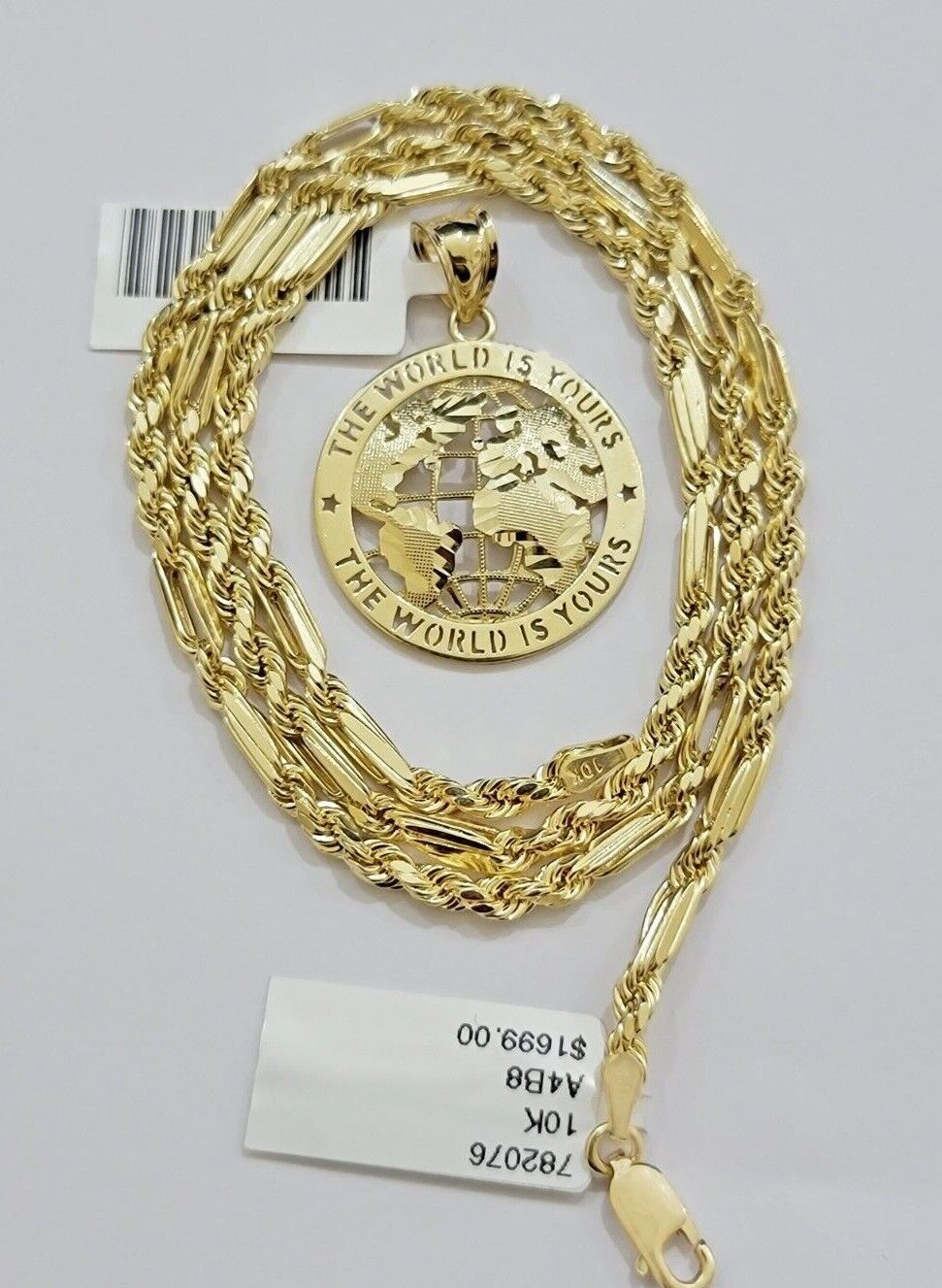 Real 10kt Gold Milano Rope Chain World Map Charm Pendant Set 18 - 24 Inch Necklace - Reva Jeweler