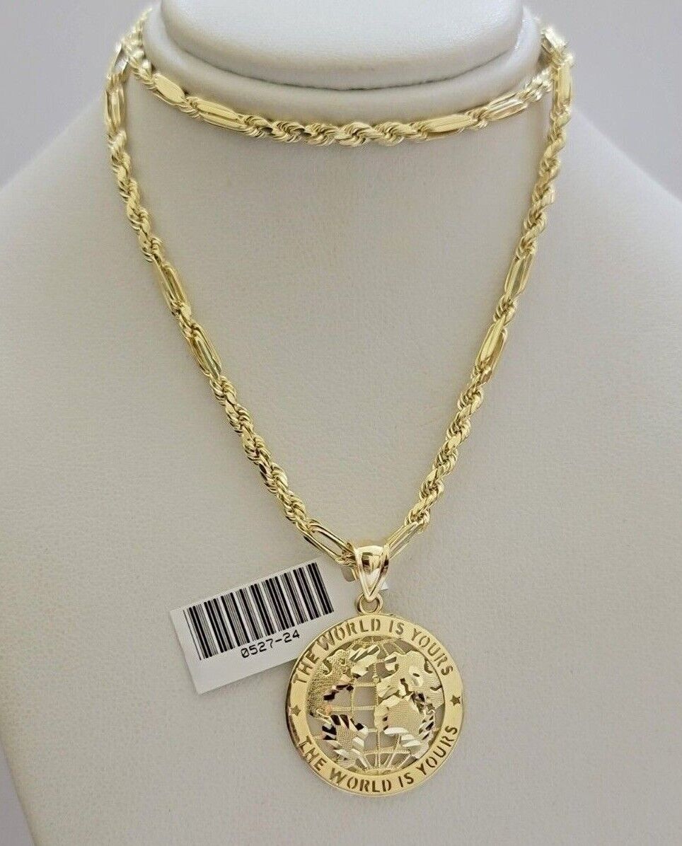 Real 10kt Gold Milano Rope Chain World Map Charm Pendant Set 18 - 24 Inch Necklace - Reva Jeweler