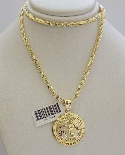 Real 10kt Gold Milano Rope Chain World Map Charm Pendant Set 18 - 24 Inch Necklace - Reva Jeweler