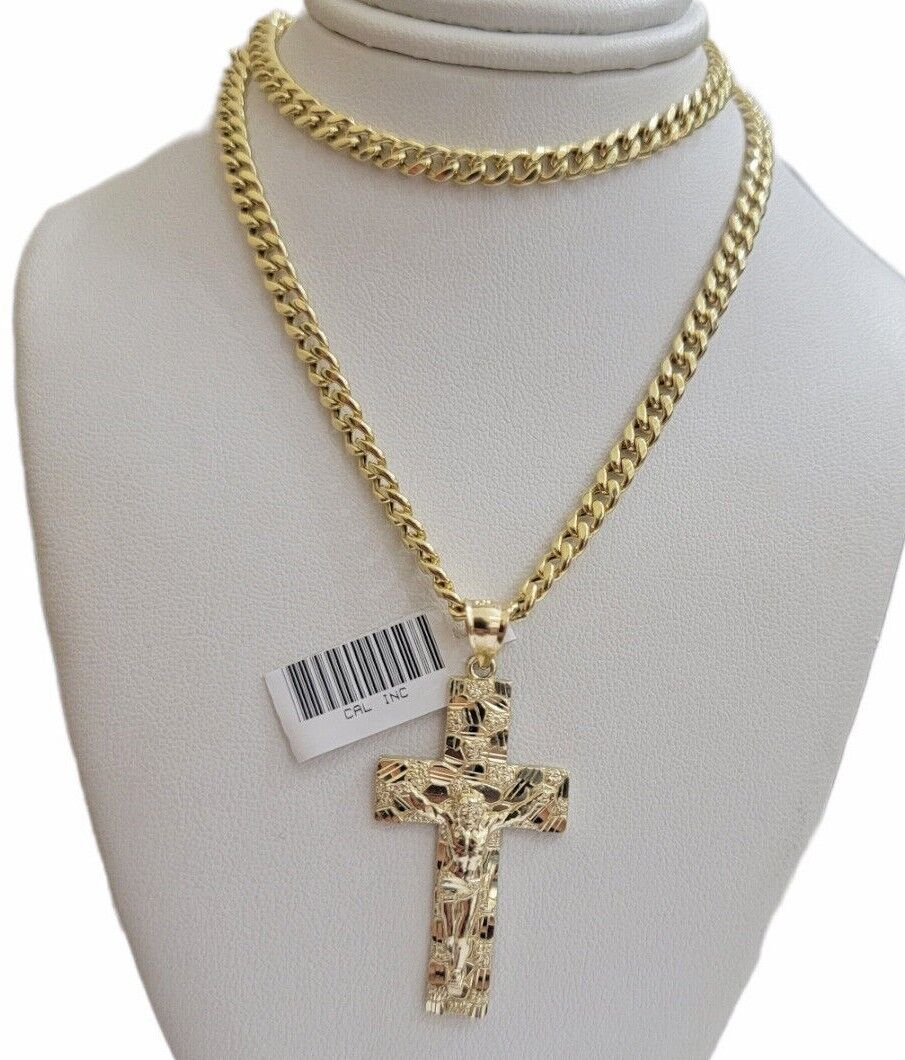 Real 10kt Gold Nugget Charm pendant &Miami Cuban Link chain Necklace 5mm 26" SET - Reva Jeweler