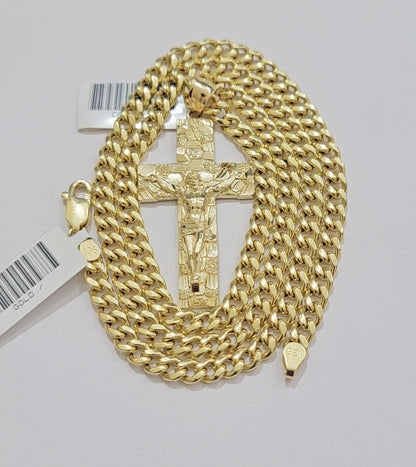 Real 10kt Gold Nugget Charm pendant &Miami Cuban Link chain Necklace 5mm 26" SET - Reva Jeweler