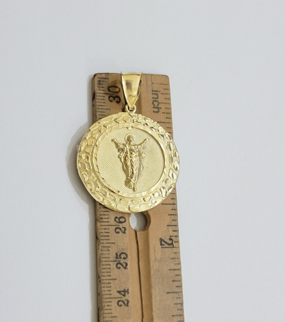 Real 10kt Jesus Circle Charm Pendant 10k Yellow Gold Chain Necklace 1.5 Inch NEW - Reva Jeweler