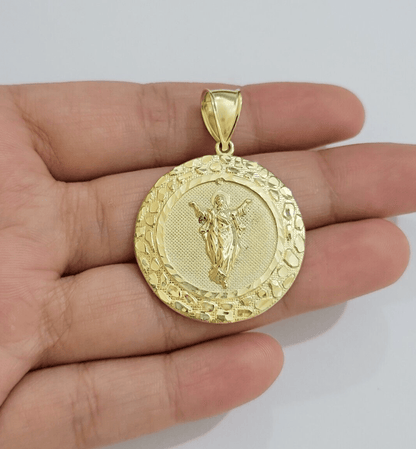Real 10kt Jesus Circle Charm Pendant 10k Yellow Gold Chain Necklace 1.5 Inch NEW - Reva Jeweler