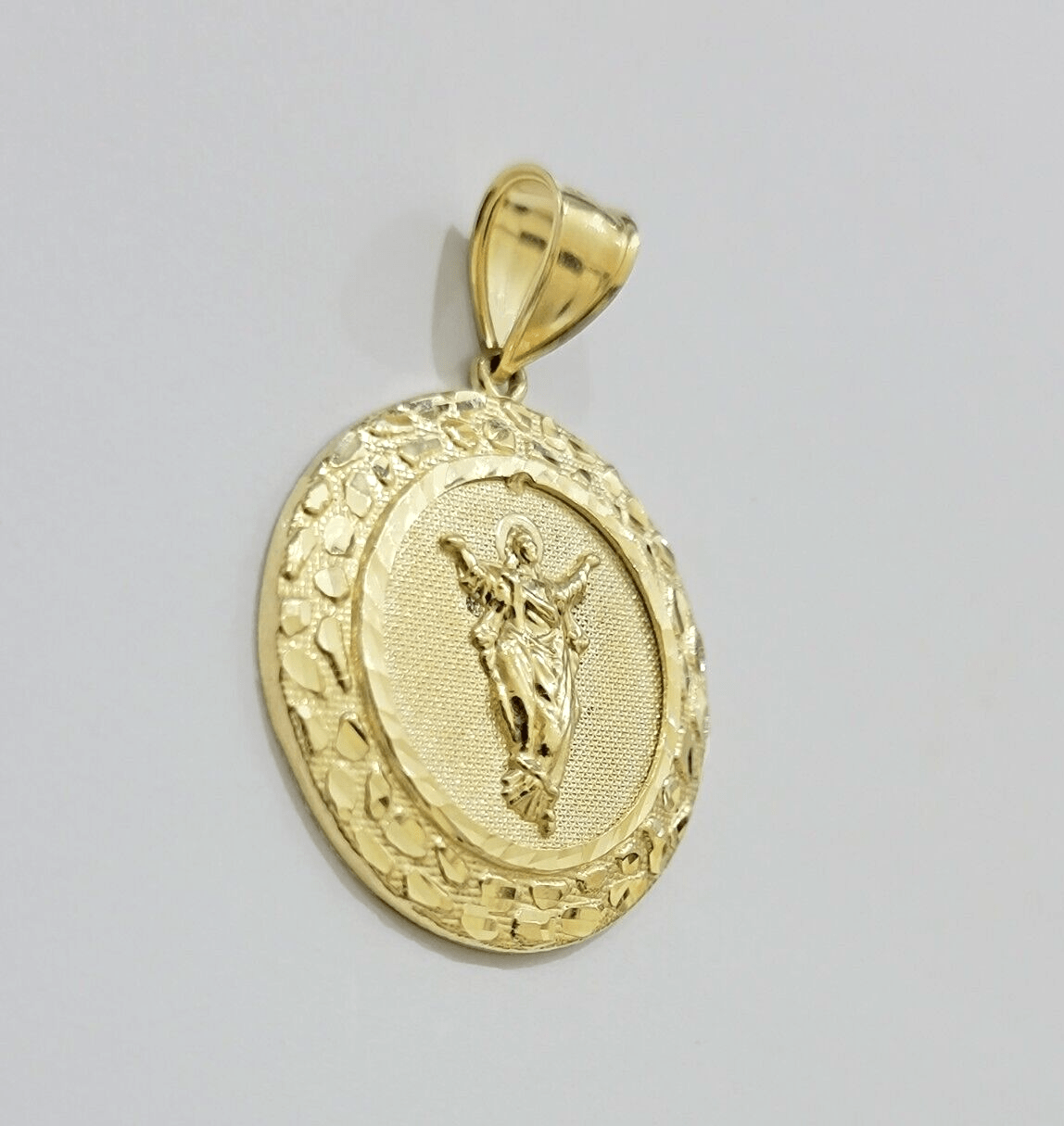 Real 10kt Jesus Circle Charm Pendant 10k Yellow Gold Chain Necklace 1.5 Inch NEW - Reva Jeweler