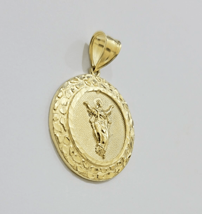 Real 10kt Jesus Circle Charm Pendant 10k Yellow Gold Chain Necklace 1.5 Inch NEW - Reva Jeweler