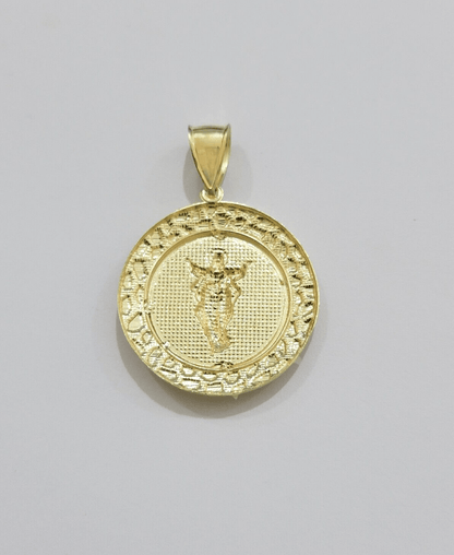 Real 10kt Jesus Circle Charm Pendant 10k Yellow Gold Chain Necklace 1.5 Inch NEW - Reva Jeweler