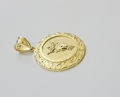 Real 10kt Jesus Circle Charm Pendant 10k Yellow Gold Chain Necklace 1.5 Inch NEW - Reva Jeweler