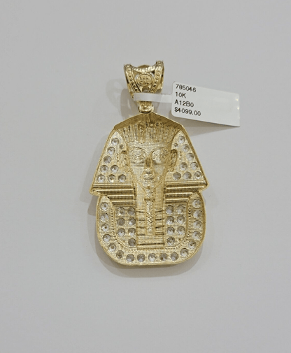 Real 10kt Pharoah Charm Pendant CZ 10k Yellow Gold For Chain Necklace 2.2'' SALE - Reva Jeweler
