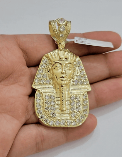Real 10kt Pharoah Charm Pendant CZ 10k Yellow Gold For Chain Necklace 2.2'' SALE - Reva Jeweler