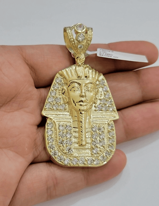 Real 10kt Pharoah Charm Pendant CZ 10k Yellow Gold For Chain Necklace 2.2'' SALE - Reva Jeweler