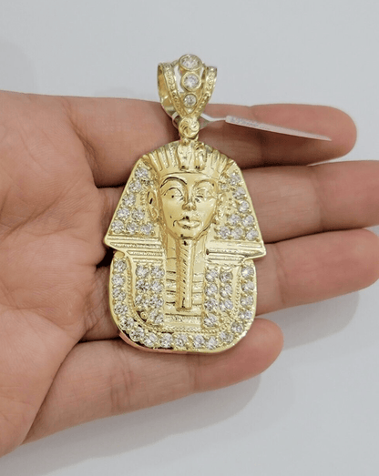Real 10kt Pharoah Charm Pendant CZ 10k Yellow Gold For Chain Necklace 2.2'' SALE - Reva Jeweler