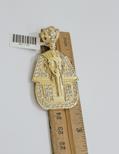 Real 10kt Pharoah Charm Pendant CZ 10k Yellow Gold For Chain Necklace 2.2'' SALE - Reva Jeweler