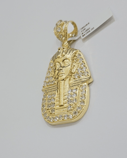 Real 10kt Pharoah Charm Pendant CZ 10k Yellow Gold For Chain Necklace 2.2'' SALE - Reva Jeweler