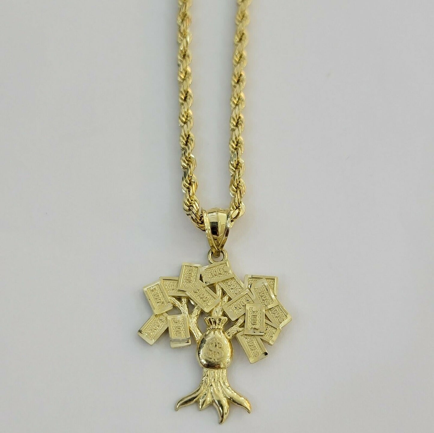 REAL 10kt Rope Necklace 24" With 10k Yellow Gold Pendant Money Tree Charm,UNIQUE - Reva Jeweler