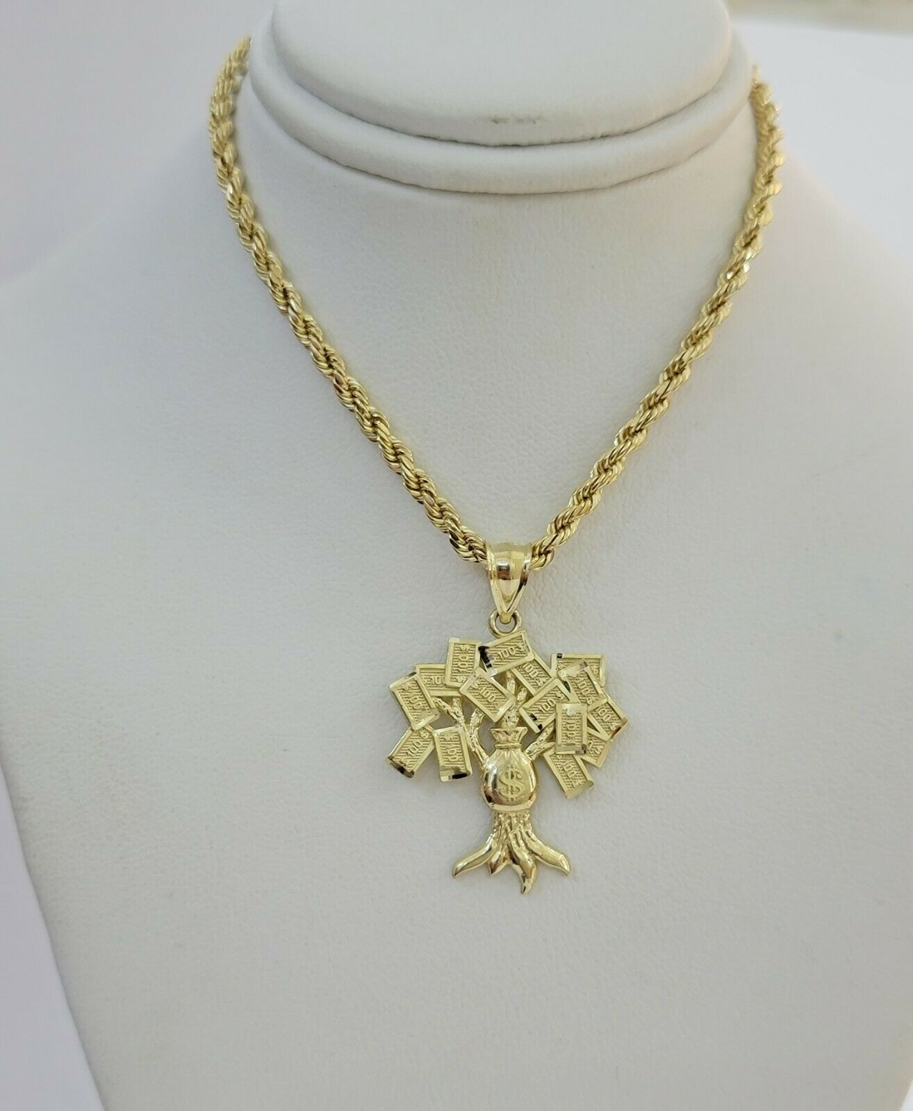 REAL 10kt Rope Necklace 24" With 10k Yellow Gold Pendant Money Tree Charm,UNIQUE - Reva Jeweler