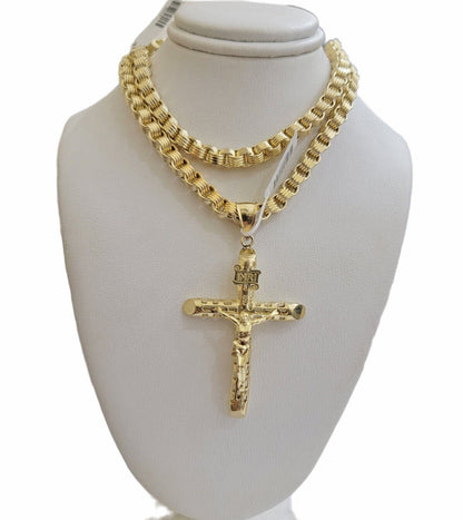 Real 10kt Yellow Gold Chain Pendant Byzantine Necklace 20" - 28" & Cross Charm SET - Reva Jeweler