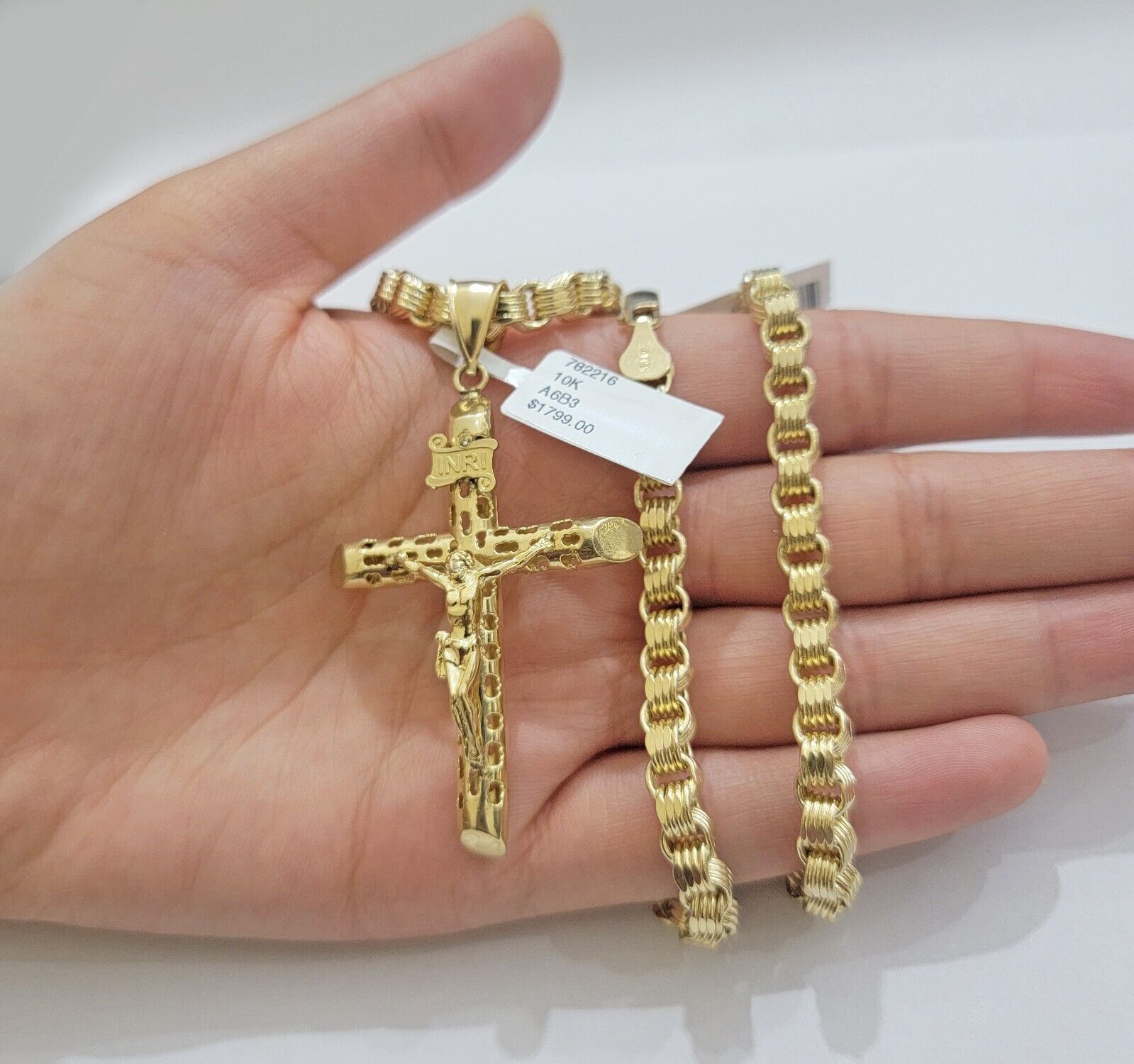 Real 10kt Yellow Gold Chain Pendant Byzantine Necklace 20" - 28" & Cross Charm SET - Reva Jeweler