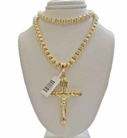 Real 10kt Yellow Gold Chain Pendant Byzantine Necklace 20" - 28" & Cross Charm SET - Reva Jeweler