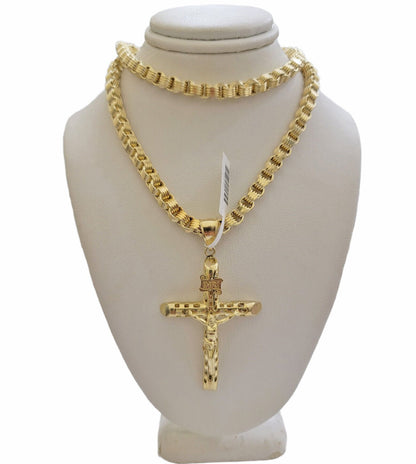 Real 10kt Yellow Gold Chain Pendant Byzantine Necklace 20" - 28" & Cross Charm SET - Reva Jeweler