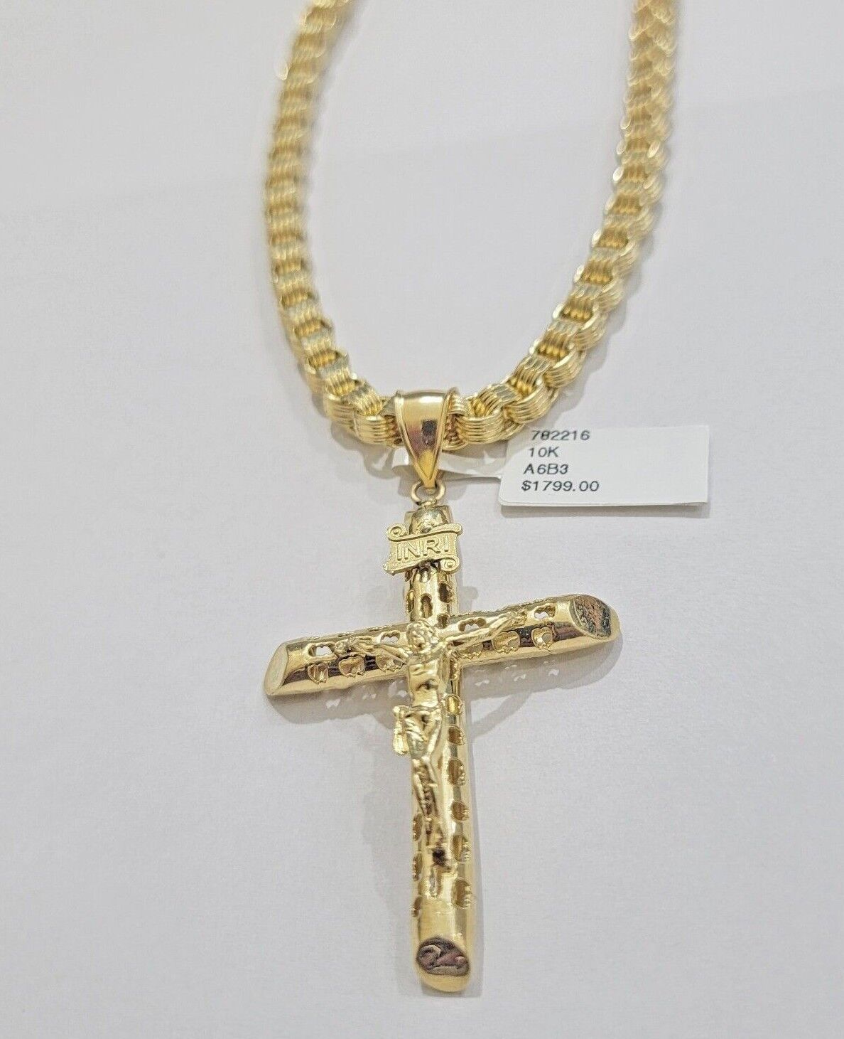 Real 10kt Yellow Gold Chain Pendant Byzantine Necklace 20" - 28" & Cross Charm SET - Reva Jeweler