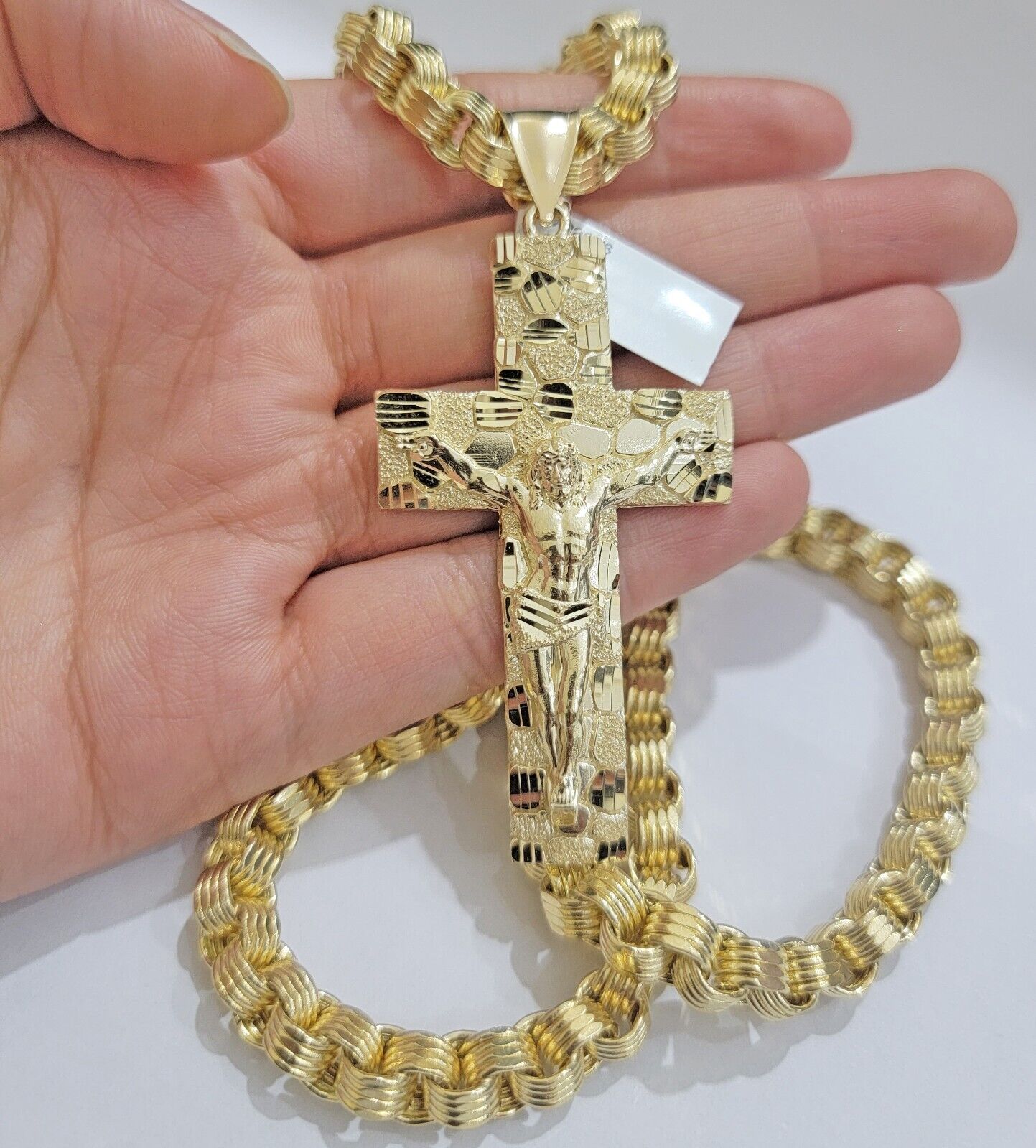 Real 10kt Yellow Gold Chain Pendant Byzantine Necklace Nugget Cross Charm SETS - Reva Jeweler