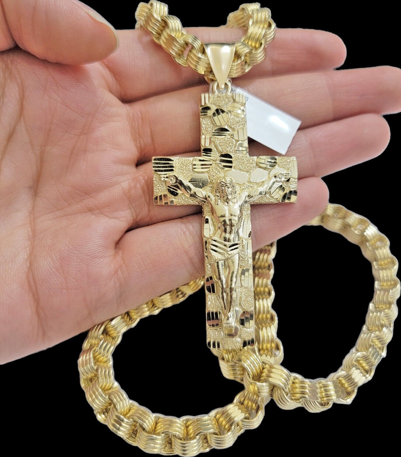 Real 10kt Yellow Gold Chain Pendant Byzantine Necklace Nugget Cross Charm SETS - Reva Jeweler