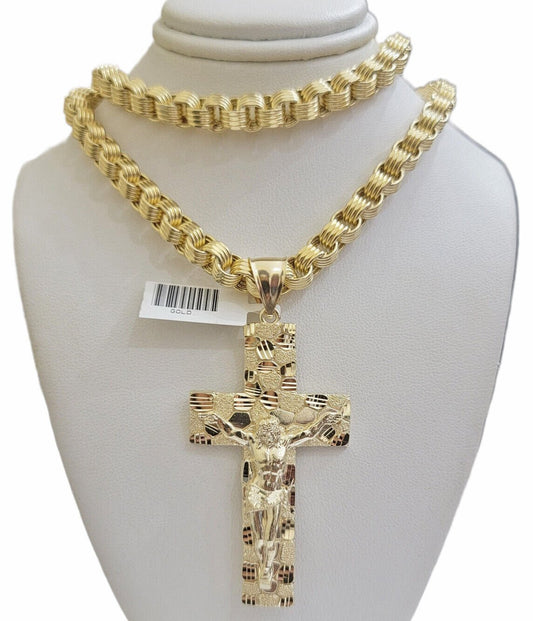 Real 10kt Yellow Gold Chain Pendant Byzantine Necklace Nugget Cross Charm SETS - Reva Jeweler